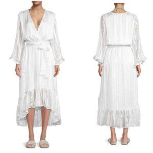 New Melissa Odabash Pearl White Look 9 Gold Striped Faux Wrap Midi Dress NWT
